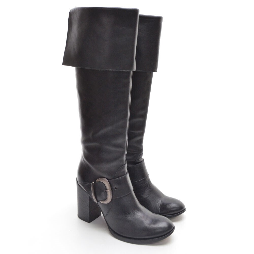 Shoe Bizz Paris Black Cuffed Buckle Heeled Knee Boot 38